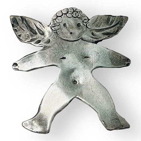 Catherine Maziere Sterling Silver Angel Cherub‎ Brooch Pendant 1.75